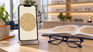 Teléfono con una lámina de puntos de colores del test de daltonismo online junto a unas gafas y un libro de láminas
