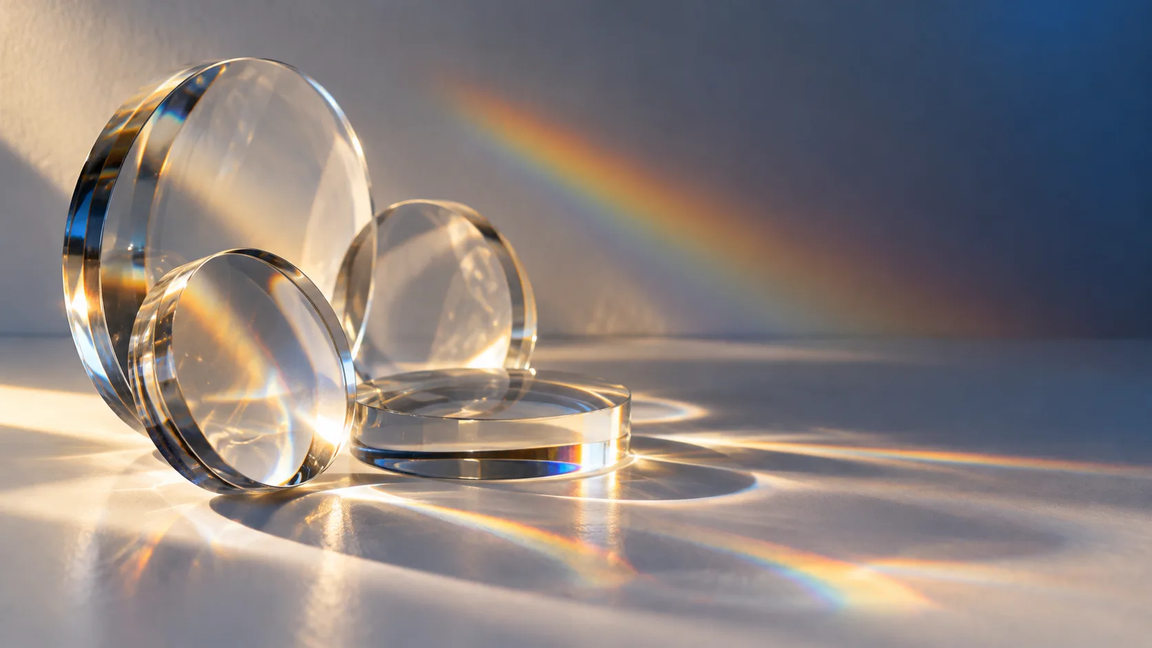 Clear optical lens blanks on a white surface, with side light refracting through them into bright patterns and a rainbow of dispersed color.
