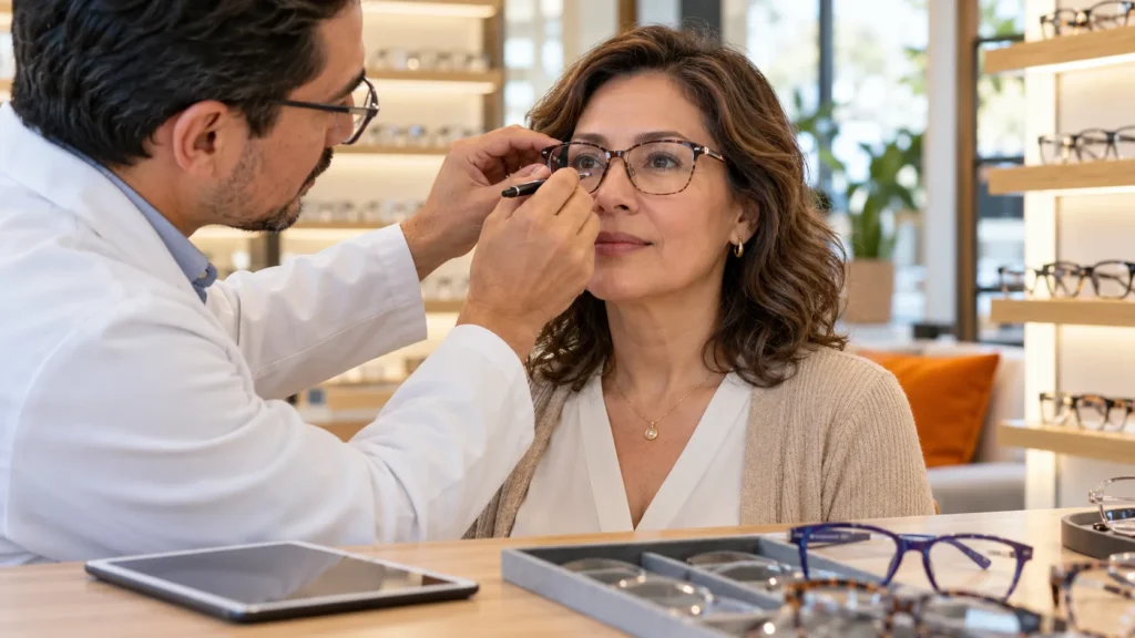 Óptico marca el centro de la pupila en el lente de muestra del armazón de una paciente para tomar la altura de montaje de lentes progresivos.