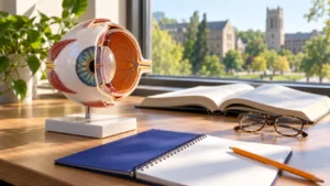 Escritorio de estudiante con un modelo anatómico del ojo, un libro abierto, lentes, un cuaderno y un lápiz junto a una ventana del campus.
