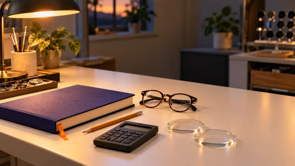 Optician's study desk at dusk with an indigo study book, pencil, calculator, tortoiseshell eyeglasses and two clear lens blanks.