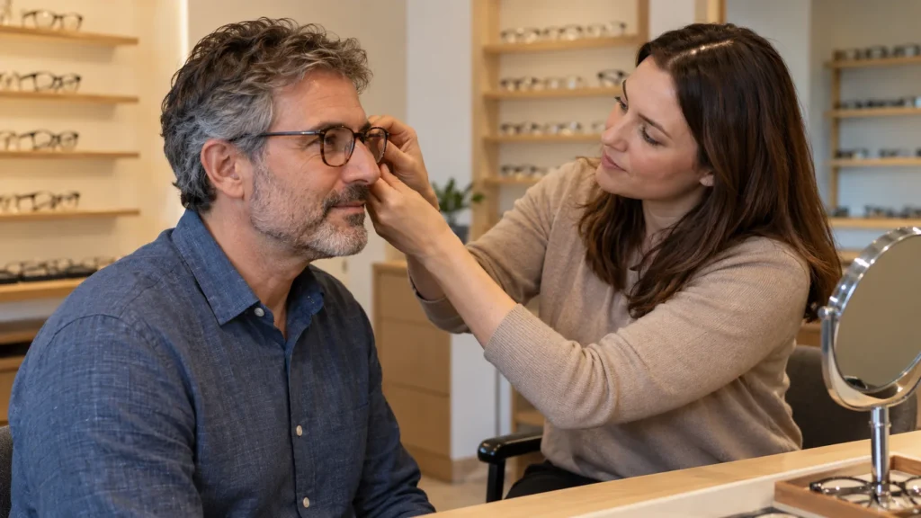 Optician adjusting the temple of a customer's eyeglasses at a fitting table in an optical shop with frame displays behind.