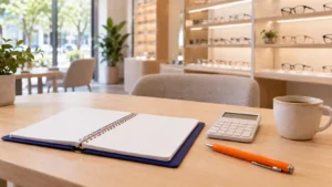 Mesa de atendimento em uma ótica com caderno aberto, calculadora, caneta laranja e café, com armações expostas nas prateleiras ao fundo.