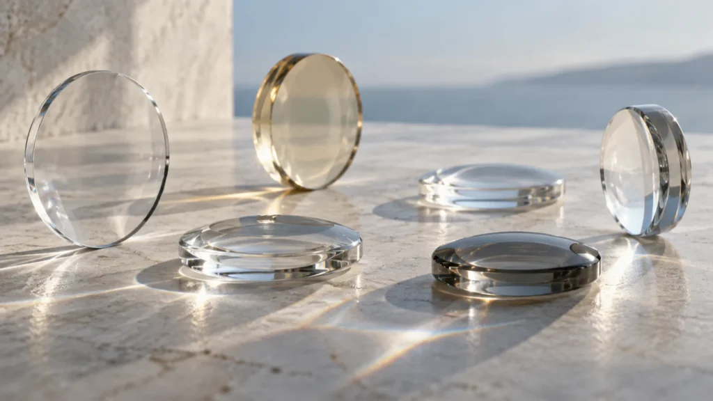 Seis micas oftálmicas sin biselar, de distintos espesores y tintes, sobre una superficie de piedra clara con reflejos de luz.